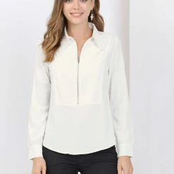Allegra K Women's Zip Front Blouse Long Sleeve Solid Color Office Work Top 46 Allegra K Women's Zip Front Blouse Long Sleeve Solid Color Office Work Top