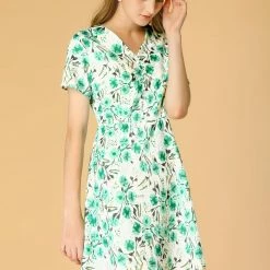 Allegra K Women's Floral Print A-Line Dresses Short Sleeve V Neck Above Knee Skater Dress