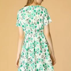 Allegra K Women's Floral Print A-Line Dresses Short Sleeve V Neck Above Knee Skater Dress