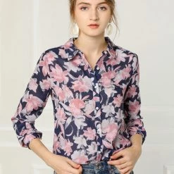 Women Allegra K Floral Printed Button Down Shirts Long Sleeves Vintage Top 18 Women Allegra K Floral Printed Button Down Shirts Long Sleeves Vintage Top