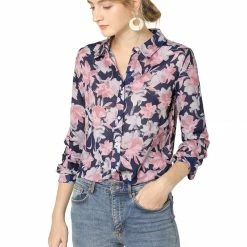 Women Allegra K Floral Printed Button Down Shirts Long Sleeves Vintage Top