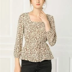 Allegra K Floral Print Square Neck Long Sleeves Tie Waist Blouse Women