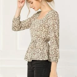 Allegra K Floral Print Square Neck Long Sleeves Tie Waist Blouse Women