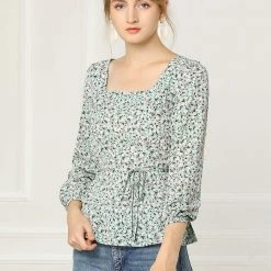 Allegra K Floral Print Square Neck Long Sleeves Tie Waist Blouse Women