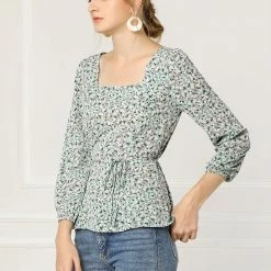 Allegra K Floral Print Square Neck Long Sleeves Tie Waist Blouse Women