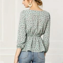 Allegra K Floral Print Square Neck Long Sleeves Tie Waist Blouse Women