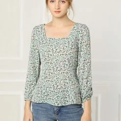 Allegra K Floral Print Square Neck Long Sleeves Tie Waist Blouse Women