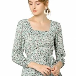 Allegra K Floral Print Square Neck Long Sleeves Tie Waist Blouse Women