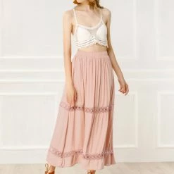 Allegra K Women's Lace Insert Vintage Swing A-Line Maxi Skirt With Elastic Waist