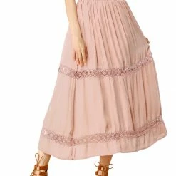 Allegra K Women's Lace Insert Vintage Swing A-Line Maxi Skirt With Elastic Waist