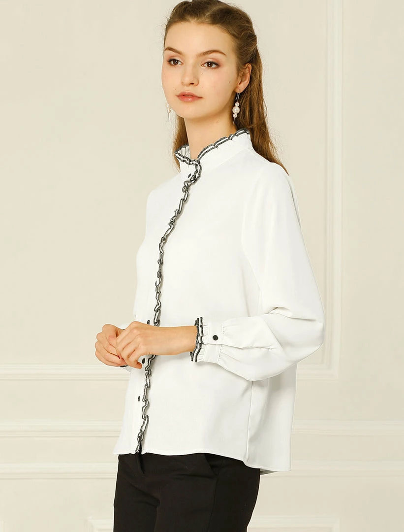 Allegra K Women Ruffle Stand Collar Shirt Button Down Office Work Chiffon Long Sleeve Top 18 Allegra K Women Ruffle Stand Collar Shirt Button Down Office Work Chiffon Long Sleeve Top
