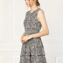 Allegra K Women's Floral Print Sleeveless Smock Layered Ruffle Hem Dress