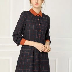 Allegra K Women's Plaid Long Sleeve Half Placket Contrast Point Collar Shirt Dress
