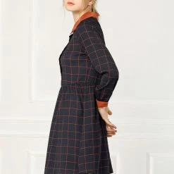 Allegra K Women's Plaid Long Sleeve Half Placket Contrast Point Collar Shirt Dress