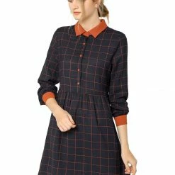 Allegra K Women's Plaid Long Sleeve Half Placket Contrast Point Collar Shirt Dress