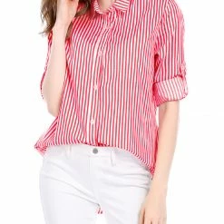 Allegra K Button Down Vertical Stripes Long Roll Up Sleeves Shirt Women
