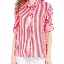 Allegra K Button Down Vertical Stripes Long Roll Up Sleeves Shirt Women