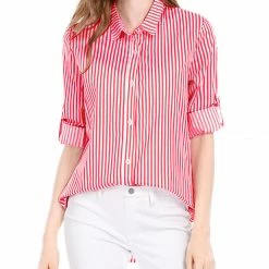 Allegra K Button Down Vertical Stripes Long Roll Up Sleeves Shirt Women