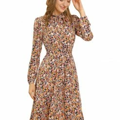 Allegra K Women's Tie Neck Chiffon Long Sleeves Vintage Floral Print Belted Dress 29 Allegra K Women's Tie Neck Chiffon Long Sleeves Vintage Floral Print Belted Dress