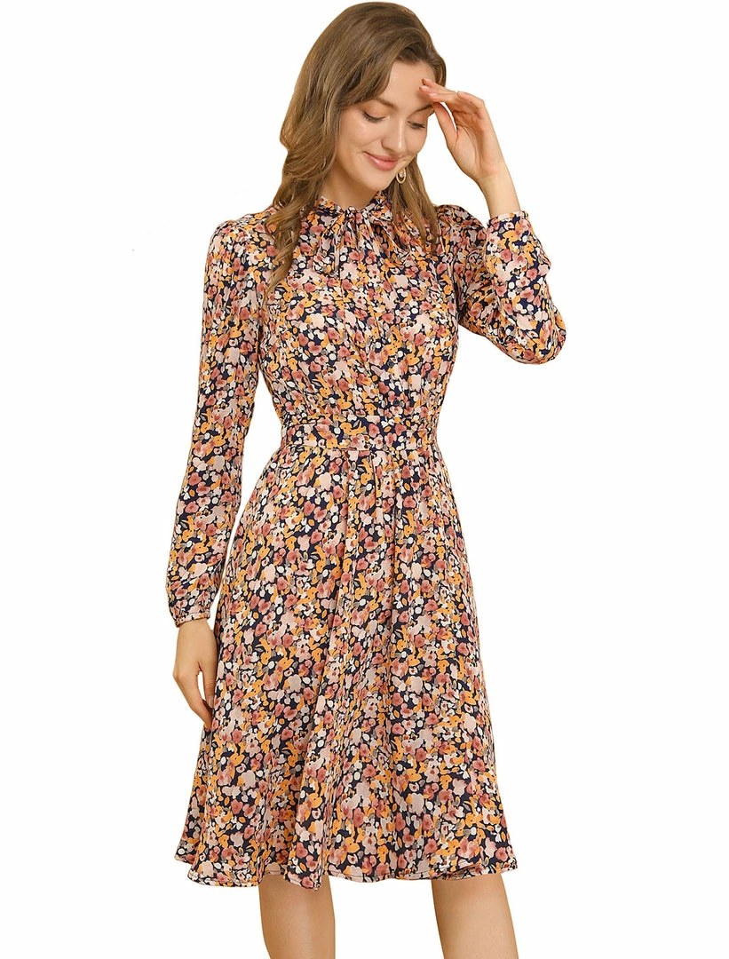Allegra K Women's Tie Neck Chiffon Long Sleeves Vintage Floral Print Belted Dress 10 Allegra K Women's Tie Neck Chiffon Long Sleeves Vintage Floral Print Belted Dress
