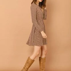 Allegra K Women's Vintage Round Neck Elastic Waist Puff Sleeve Plaid Dress