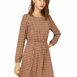 Allegra K Women's Vintage Round Neck Elastic Waist Puff Sleeve Plaid Dress