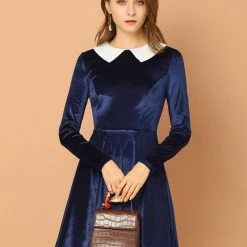 Allegra K Women's Vintage Velvet Long Sleeve A Line Contrast Doll Peter Pan Collar Dress 30 Allegra K Women's Vintage Velvet Long Sleeve A Line Contrast Doll Peter Pan Collar Dress