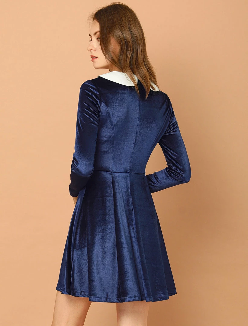Allegra K Women's Vintage Velvet Long Sleeve A Line Contrast Doll Peter Pan Collar Dress 14 Allegra K Women's Vintage Velvet Long Sleeve A Line Contrast Doll Peter Pan Collar Dress
