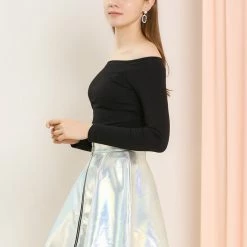 Allegra K Women's Metallic Shiny Glitter Sparkly Zipper A-Line Holographic Full Skirts