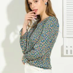 Allegra K Women's Pintuck Pleat Button Up Long Puff Sleeve Blouse V Neck Floral Top