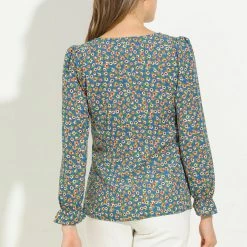 Allegra K Women's Pintuck Pleat Button Up Long Puff Sleeve Blouse V Neck Floral Top