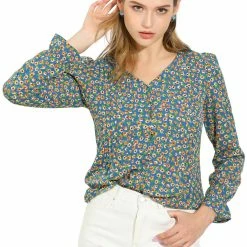 Allegra K Women's Pintuck Pleat Button Up Long Puff Sleeve Blouse V Neck Floral Top