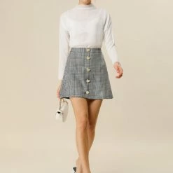 Allegra K Women's Houndstooth Plaids Heart Button Decor High Waist A-Line Mini Skirt