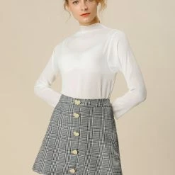 Allegra K Women's Houndstooth Plaids Heart Button Decor High Waist A-Line Mini Skirt