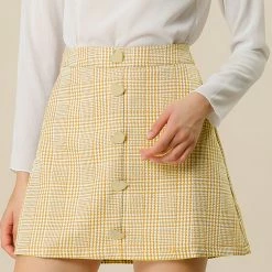 Allegra K Women's Houndstooth Plaids Heart Button Decor High Waist A-Line Mini Skirt