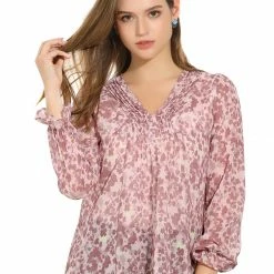 Allegra K Women's Puff Sleeve Floral Print Ruffled Pintuck Pleat Ruched Blouse Top