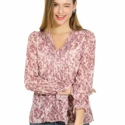 Allegra K Women's Puff Sleeve Floral Print Ruffled Pintuck Pleat Ruched Blouse Top
