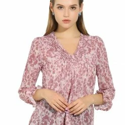 Allegra K Women's Puff Sleeve Floral Print Ruffled Pintuck Pleat Ruched Blouse Top