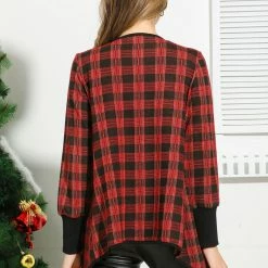 Allegra K Women's Plaid Long Sleeve Lapel Open Front Outerwear Cardigan