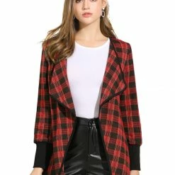 Allegra K Women's Plaid Long Sleeve Lapel Open Front Outerwear Cardigan