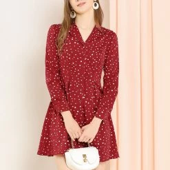 Allegra K Women's Vintage Polka Dots Notched Lapel V Neck Button Up Shirt Dress