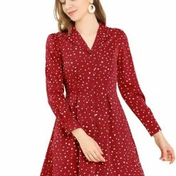 Allegra K Women's Vintage Polka Dots Notched Lapel V Neck Button Up Shirt Dress