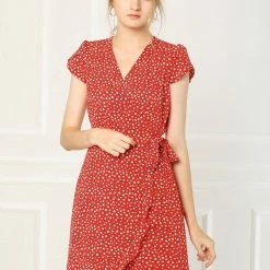 Allegra K Women's Spring Ruffle Hem Irregular Dot Short Sleeve Above Knee Length V-Neck Chiffon Floral Wrap Dress 34 Allegra K Women's Spring Ruffle Hem Irregular Dot Short Sleeve Above Knee Length V-Neck Chiffon Floral Wrap Dress