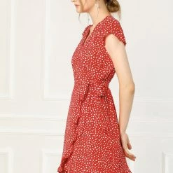 Allegra K Women's Spring Ruffle Hem Irregular Dot Short Sleeve Above Knee Length V-Neck Chiffon Floral Wrap Dress 35 Allegra K Women's Spring Ruffle Hem Irregular Dot Short Sleeve Above Knee Length V-Neck Chiffon Floral Wrap Dress