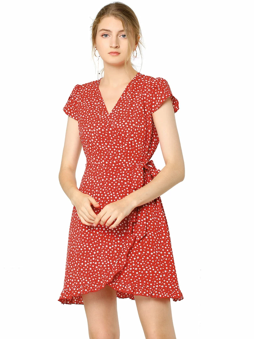 Allegra K Women's Spring Ruffle Hem Irregular Dot Short Sleeve Above Knee Length V-Neck Chiffon Floral Wrap Dress 9 Allegra K Women's Spring Ruffle Hem Irregular Dot Short Sleeve Above Knee Length V-Neck Chiffon Floral Wrap Dress