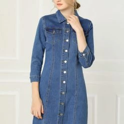 Allegra K 3/4 Sleeve Button Down Denim Shirt Dress Women