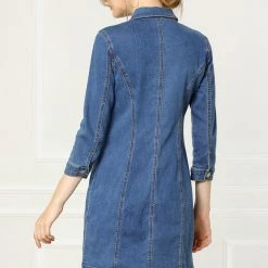 Allegra K 3/4 Sleeve Button Down Denim Shirt Dress Women