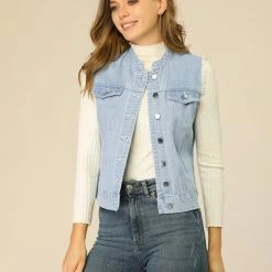 Allegra K Women's Button Down Stand Collar Cotton Trim Denim Washed Vest