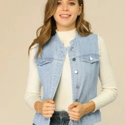 Allegra K Women's Button Down Stand Collar Cotton Trim Denim Washed Vest