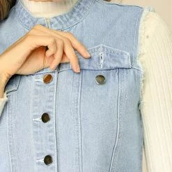 Allegra K Women's Button Down Stand Collar Cotton Trim Denim Washed Vest